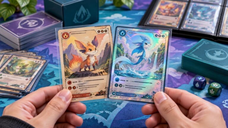 Hands hold two sleeved fantasy creature trading cards side by side above a colorful playmat, with card stacks, a binder, deck boxes, and dice in the background.