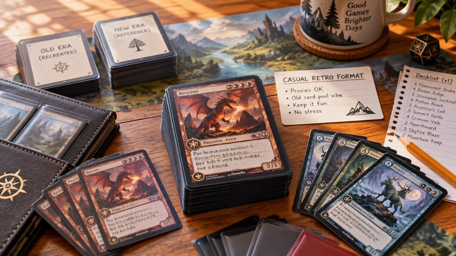Warm tabletop scene of fictional fantasy creature trading cards in sleeves, stacked decks, a binder, a handwritten casual retro format note, a decklist notebook, pencil, game die, map-like playmat, and a mug.