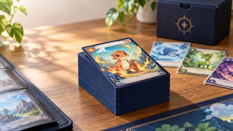 A tall stack of dark-blue-sleeved fantasy creature cards on a wooden table, with loose illustrated cards, an open binder, a dark deck box, and a playmat nearby.