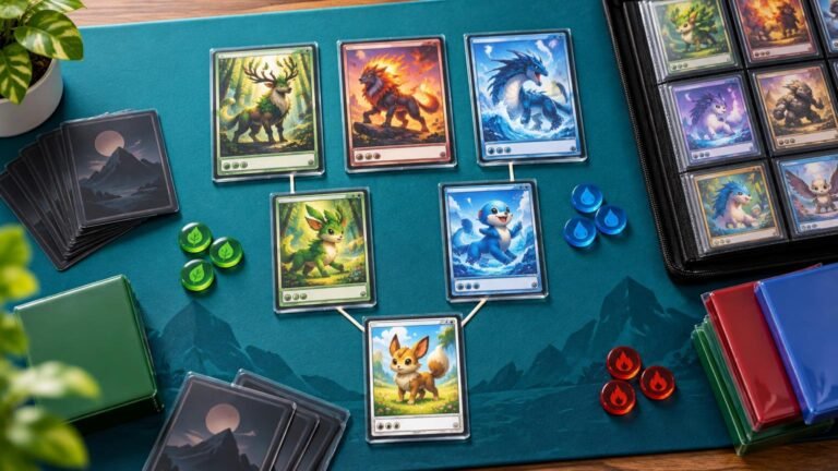 Overhead view of a teal playmat with sleeved illustrated creature cards arranged in branching lines, colored energy-style tokens, decks, card binders, and a zippered binder page of additional cards.