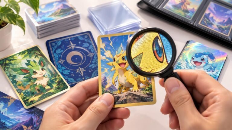 Hands use a magnifying glass to inspect the printed texture of a yellow cartoon-creature trading card, surrounded by colorful cards, sleeved card stacks, and a binder on a tabletop.