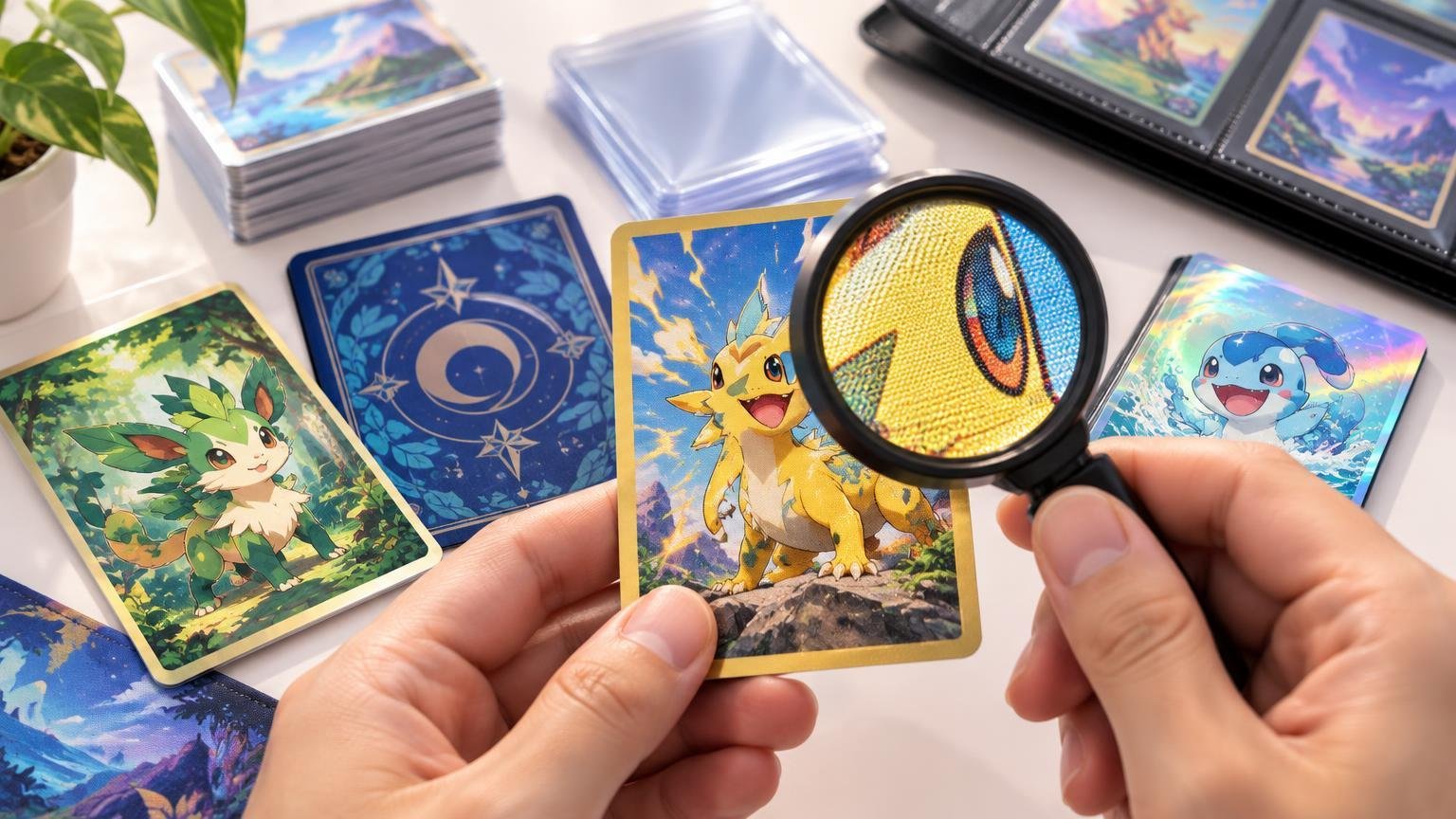 Hands use a magnifying glass to inspect the printed texture of a yellow cartoon-creature trading card, surrounded by colorful cards, sleeved card stacks, and a binder on a tabletop.