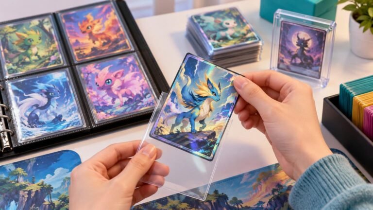 Hands place a glossy illustrated fantasy creature card into a clear protective sleeve beside a binder of cards, stacked deck, rigid display case, and colorful card dividers.