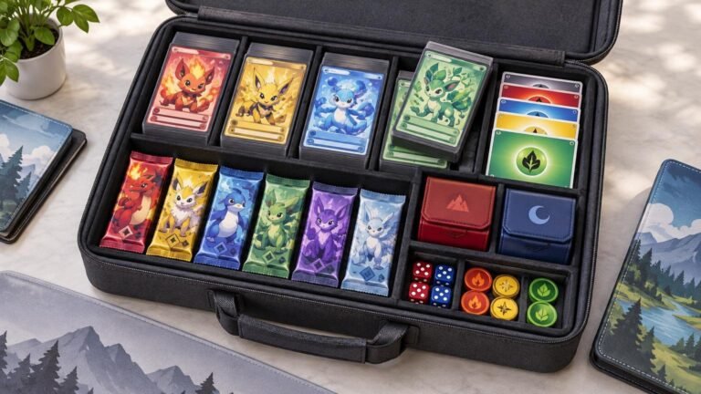 Open black zippered carrying case with divided compartments holding stacks of colorful creature cards, six illustrated card packs, energy-style cards, two small deck boxes, dice, and round counters on a tabletop.