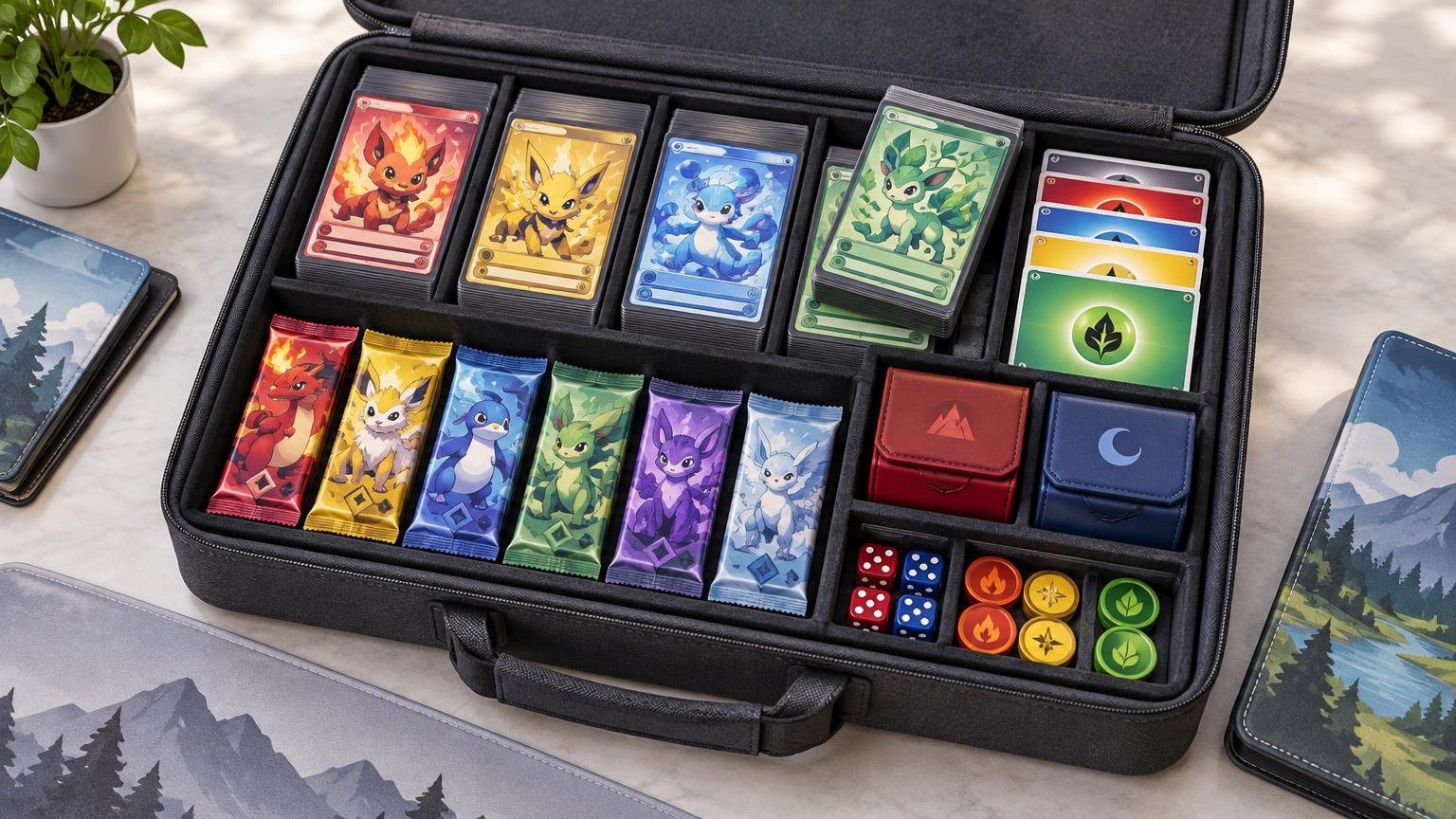 Open black zippered carrying case with divided compartments holding stacks of colorful creature cards, six illustrated card packs, energy-style cards, two small deck boxes, dice, and round counters on a tabletop.