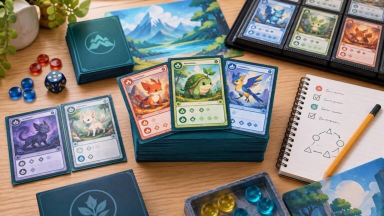 Overhead hobby tabletop scene with colorful fantasy-creature trading cards on sleeved decks, a card binder, dice and counters, a landscape playmat, and a notebook with deck-testing notes.