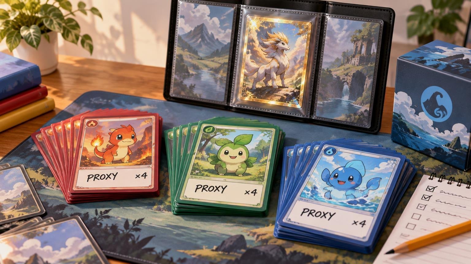 Three color-coded stacks of sleeved cartoon creature cards labeled “PROXY x4” sit on a playmat beside a checklist notebook, pencil, storage box, and an open binder displaying a gold-bordered creature card.