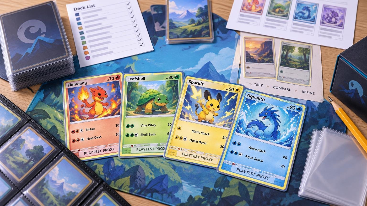Colorful tabletop scene with four illustrated playtest proxy trading cards, a deck list, card binder, sleeves, pencil, and stacked cards on a mountain-themed playmat.