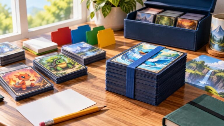 Stacks of sleeved collectible cards with colorful cartoon creature illustrations sit on a sunlit wooden desk beside colored dividers, a card storage box, blank paper, and a pencil.