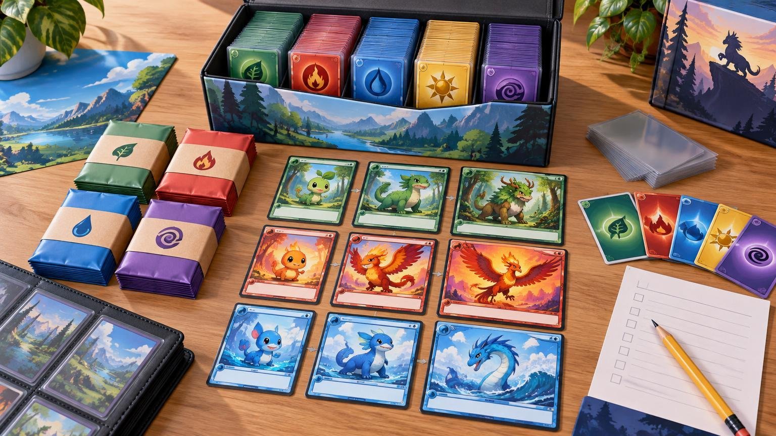 Colorful tabletop card-game setup with an open storage box of green, red, blue, yellow, and purple sleeved card stacks, matching wrapped decks, illustrated creature cards arranged in rows, loose elemental-symbol cards, a binder, clear sleeves, and a checklist with a pencil.