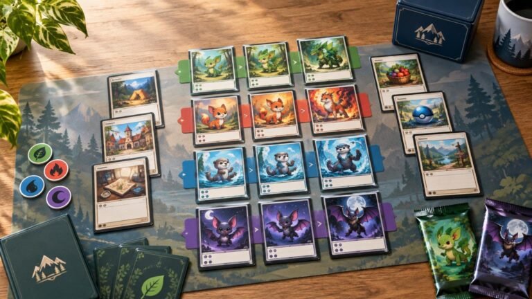 Overhead view of a tabletop card game setup with colorful creature cards arranged in four color-coded evolution rows, deck boxes, card sleeves, tokens, and two foil packs on a forest-themed playmat.