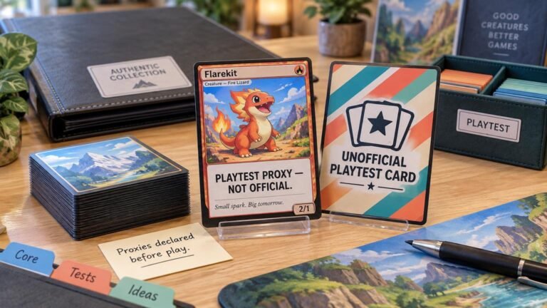 Tabletop scene with a cartoon fire-lizard playtest card and a large card labeled “UNOFFICIAL PLAYTEST CARD,” beside sleeved card stacks, labeled storage boxes, a binder, and a note reading “Proxies declared before play.”
