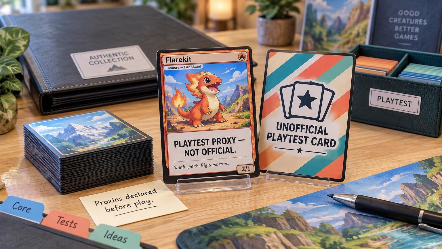 Tabletop scene with a cartoon fire-lizard playtest card and a large card labeled “UNOFFICIAL PLAYTEST CARD,” beside sleeved card stacks, labeled storage boxes, a binder, and a note reading “Proxies declared before play.”